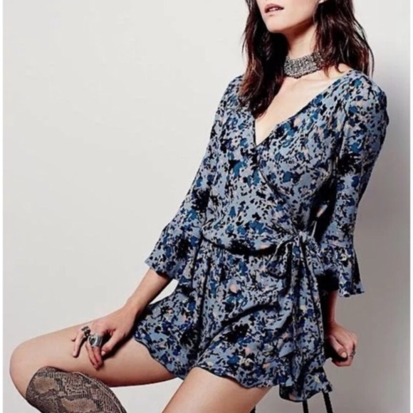 Free People Pants - Free People blue All the Right Ruffle wrap romper